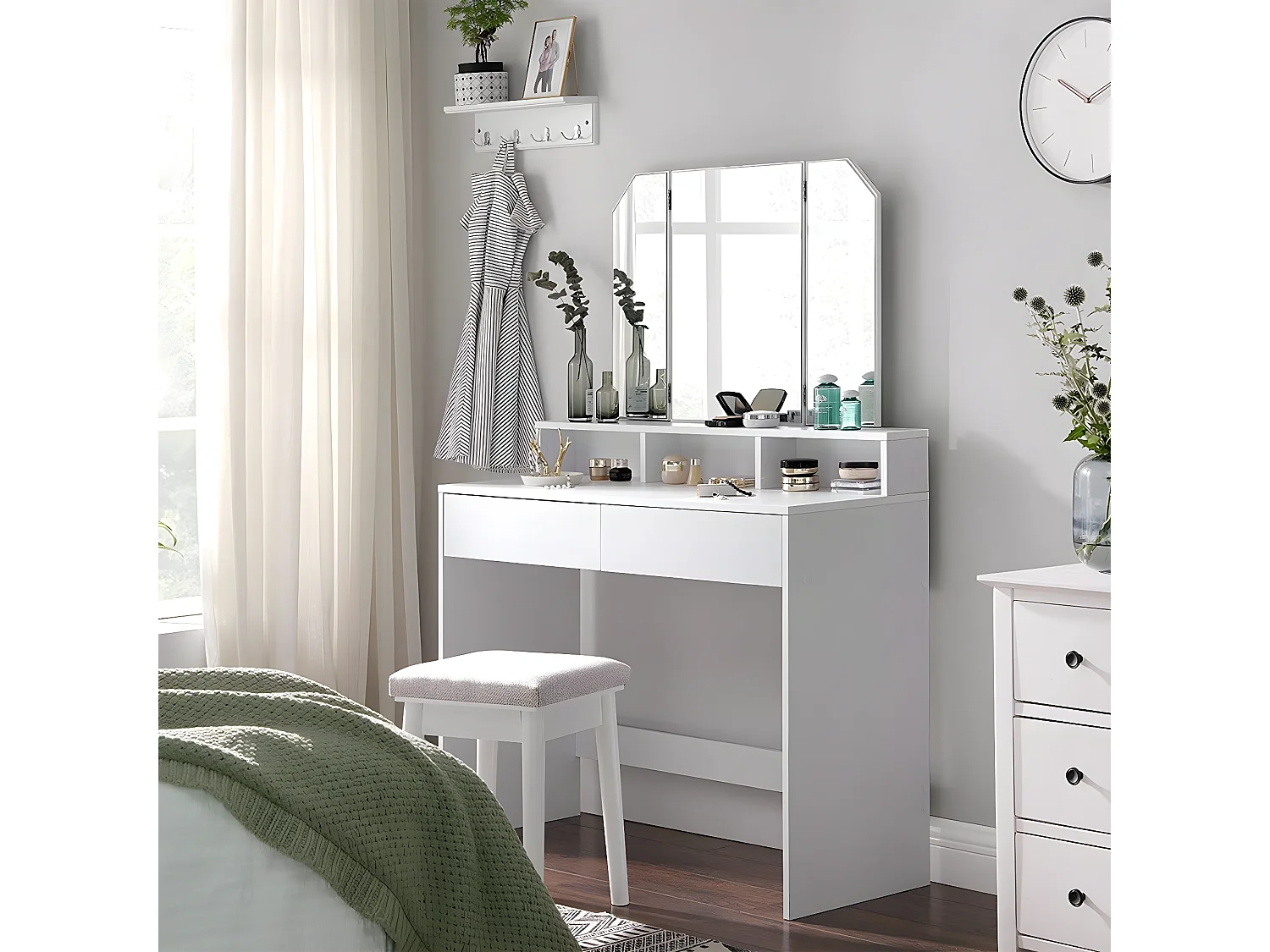 Weißer Schminktisch mit Spiegel 3 offene Fächer und 2 Schubladen - L100 cm