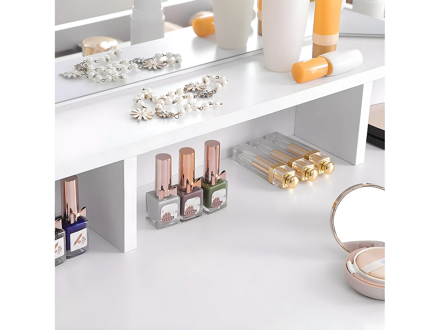 Weißer Schminktisch mit Spiegel 3 offene Fächer und 2 Schubladen - L100 cm