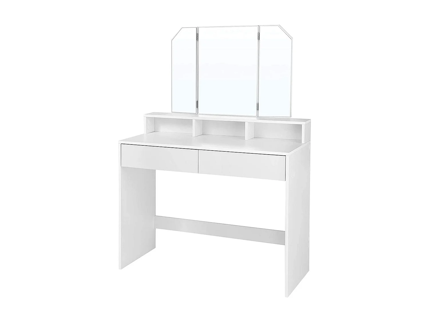 Weißer Schminktisch mit Spiegel 3 offene Fächer und 2 Schubladen - L100 cm