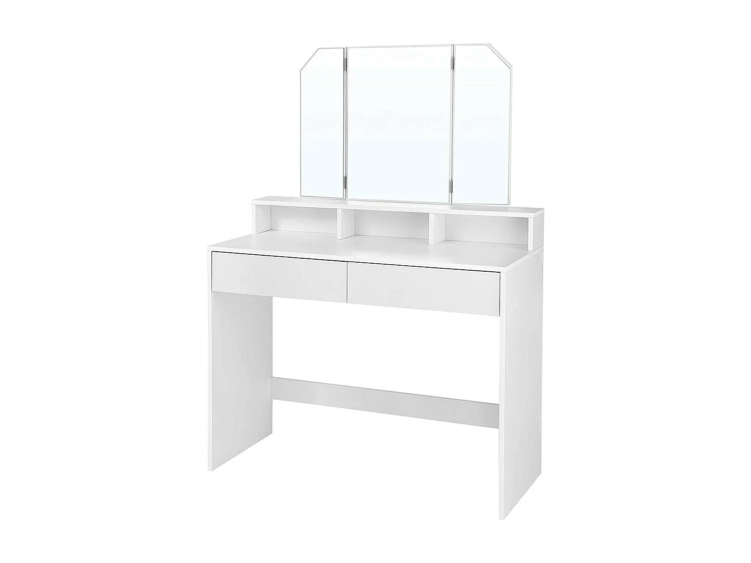 Weißer Schminktisch mit Spiegel 3 offene Fächer und 2 Schubladen - L100 cm