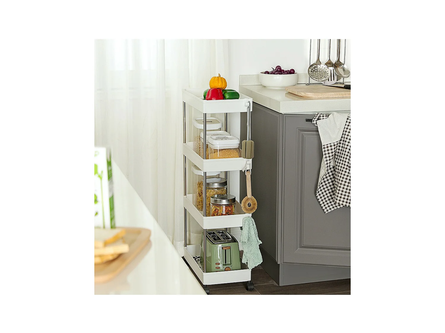 Serveerwagen op wielen 4 niveaus wit - L40 x H86 cm