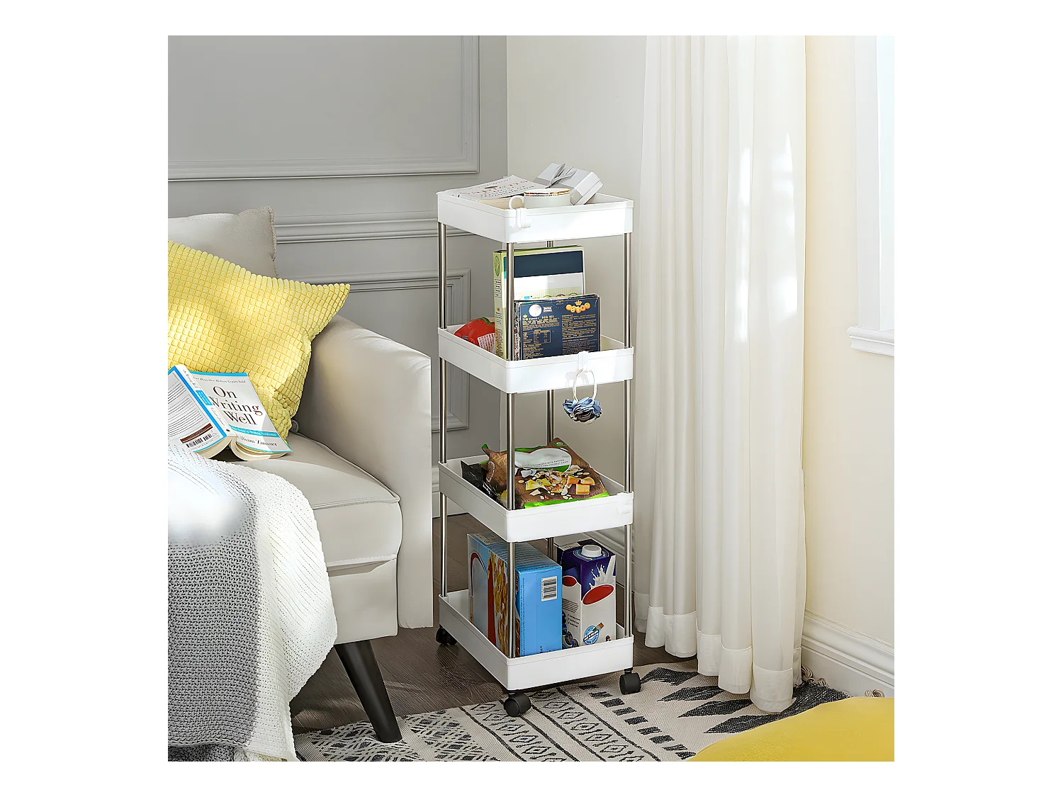 Serveerwagen op wielen 4 niveaus wit - L40 x H86 cm