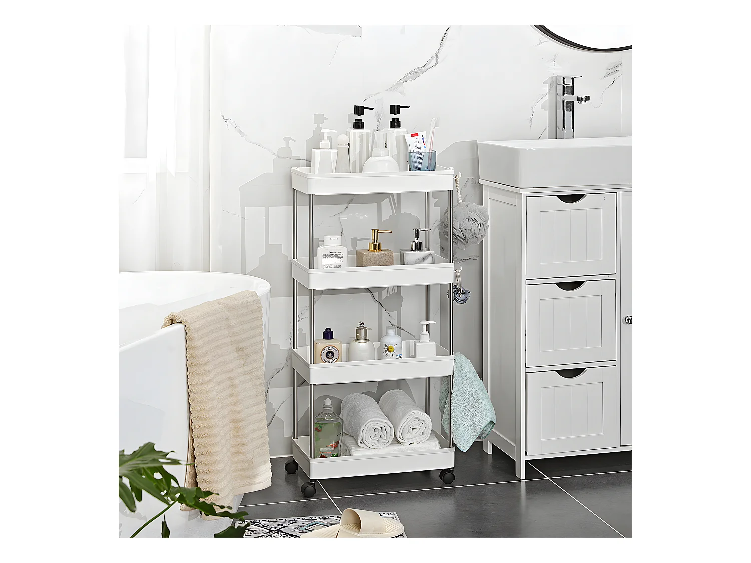 Serveerwagen op wielen 4 niveaus wit - L40 x H86 cm