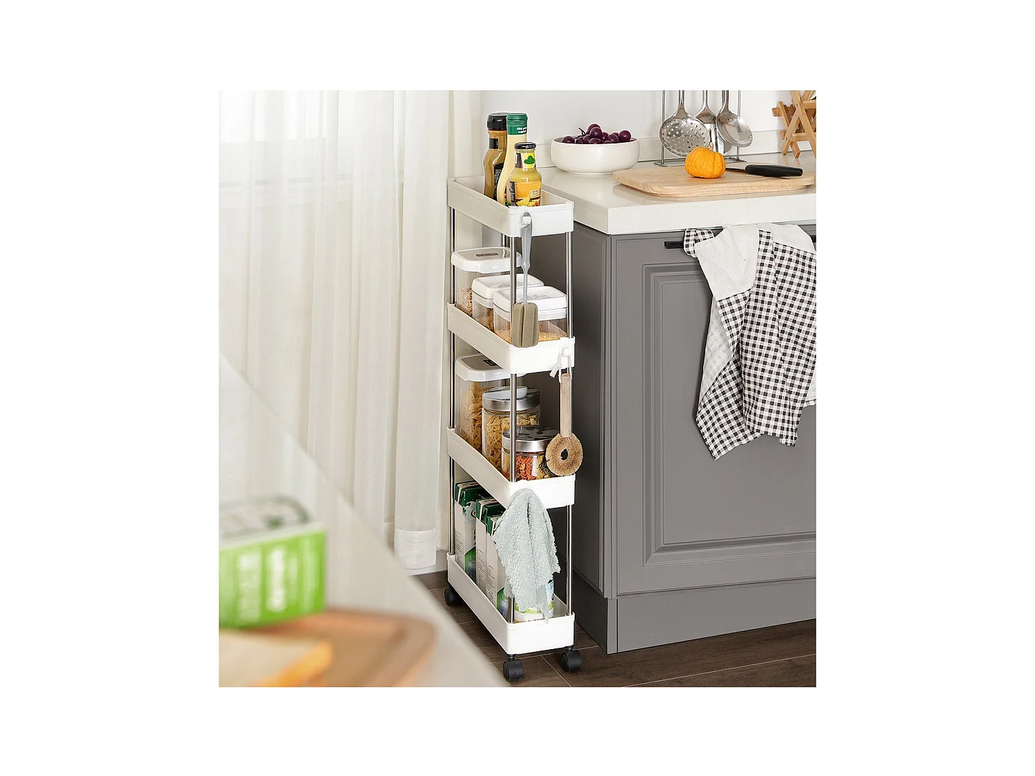 Weißer Servierwagen auf Rollen mit 4 Ebenen - L12,5 x H86 cm