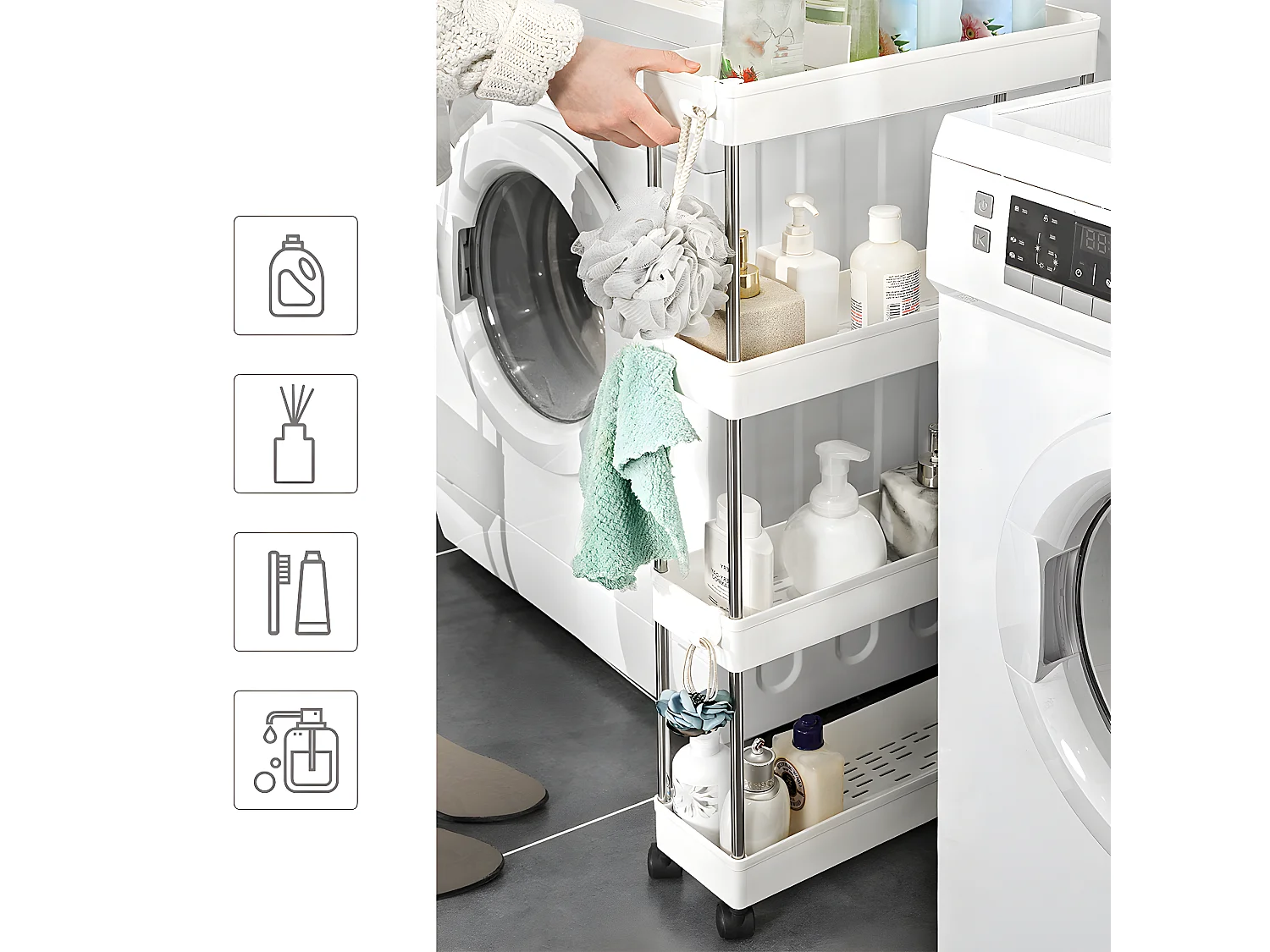 Desserte blanche sur roulettes à 4 niveaux - L12,5 x H86 cm