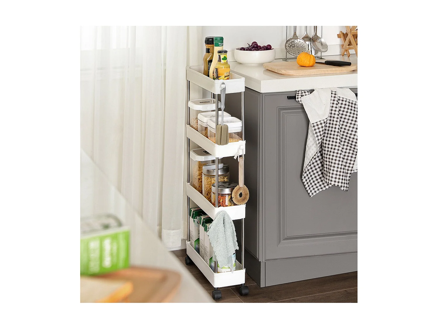 Desserte blanche sur roulettes à 4 niveaux - L12,5 x H86 cm