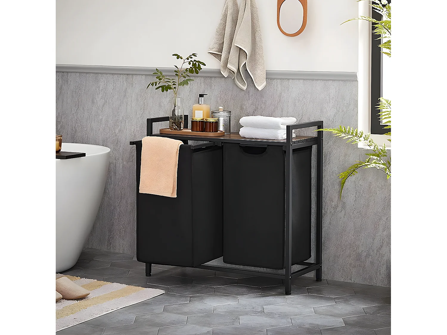 Panier à Linge avec 2 Sacs en Tissu Oxford Noir et Cadre Métal - L73 x H72 cm