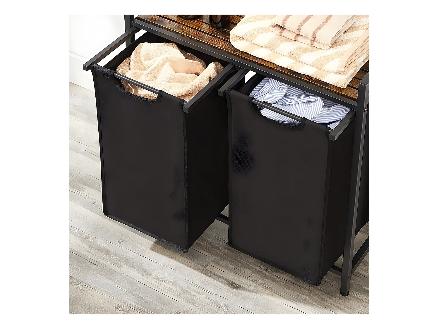 Panier à Linge avec 2 Sacs en Tissu Oxford Noir et Cadre Métal - L73 x H72 cm