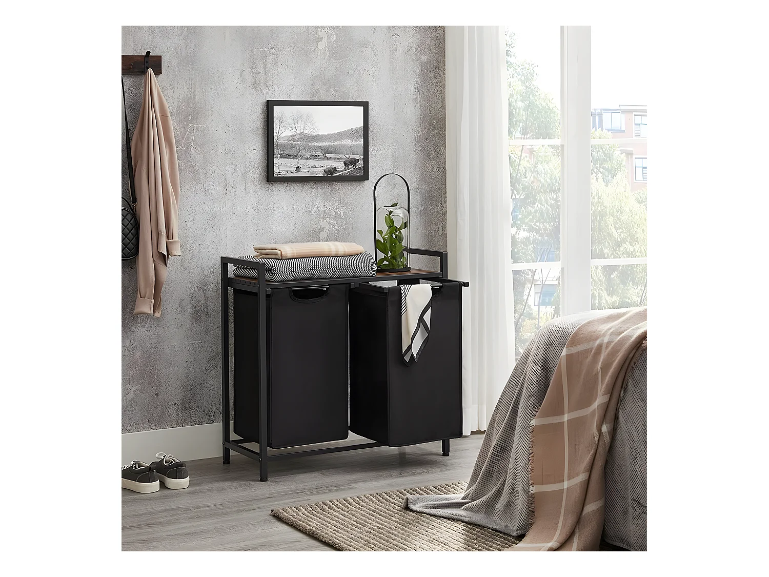 Panier à Linge avec 2 Sacs en Tissu Oxford Noir et Cadre Métal - L73 x H72 cm