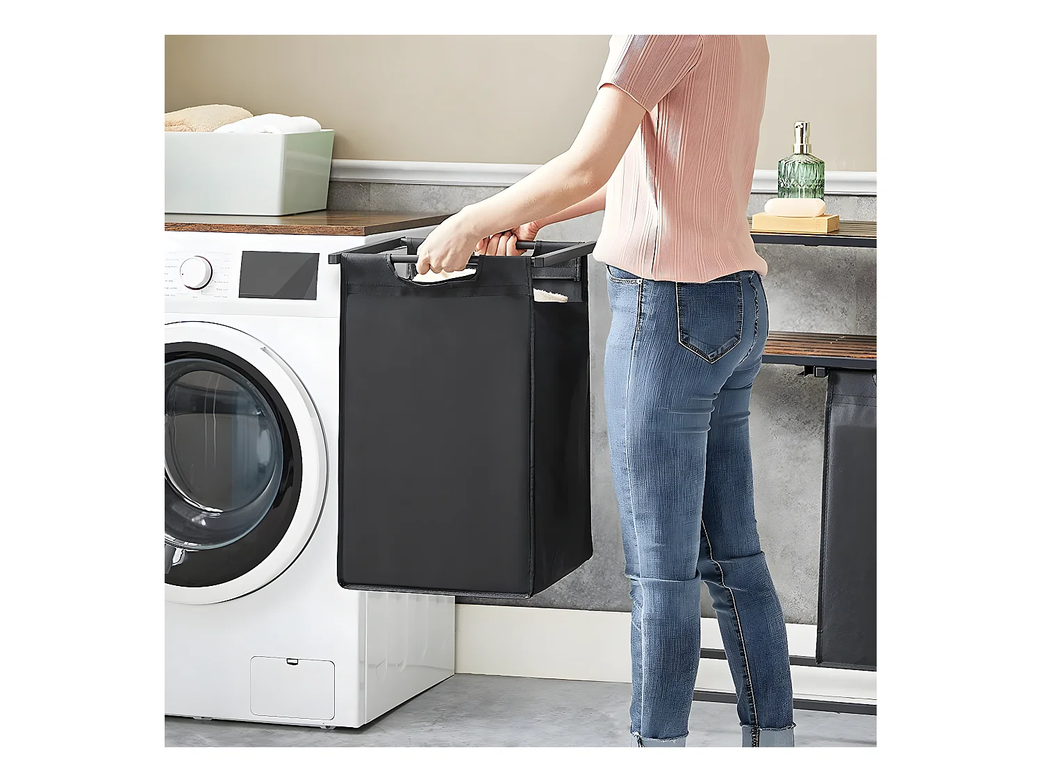 Panier à Linge avec 2 Sacs en Tissu Oxford Noir et Cadre Métal - L73 x H72 cm