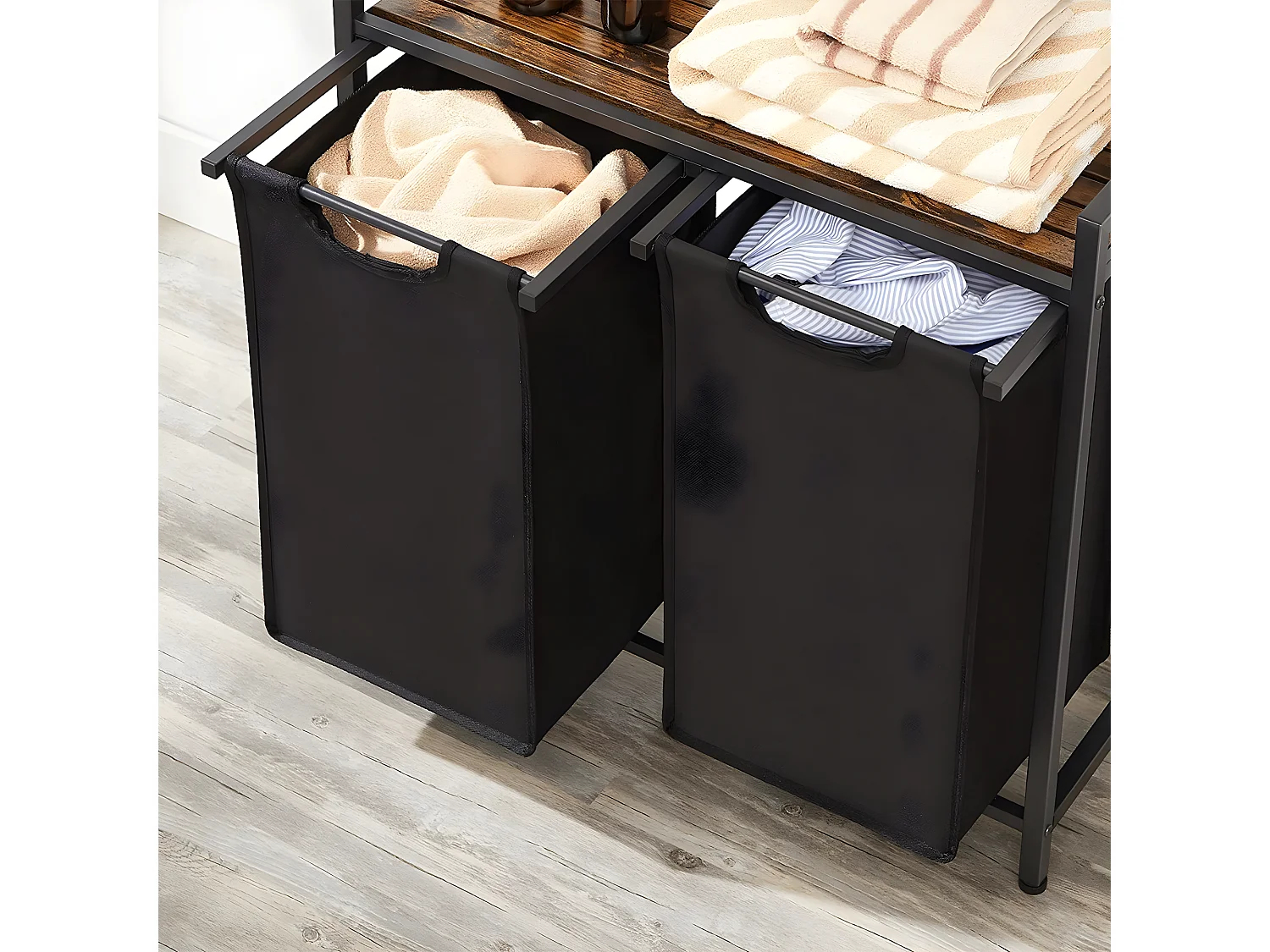 Panier à Linge avec 2 Sacs en Tissu Oxford Noir et Cadre Métal - L73 x H72 cm