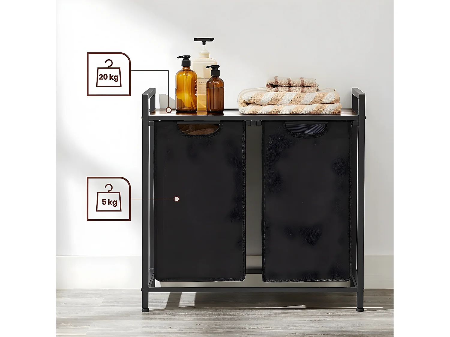 Panier à Linge avec 2 Sacs en Tissu Oxford Noir et Cadre Métal - L73 x H72 cm