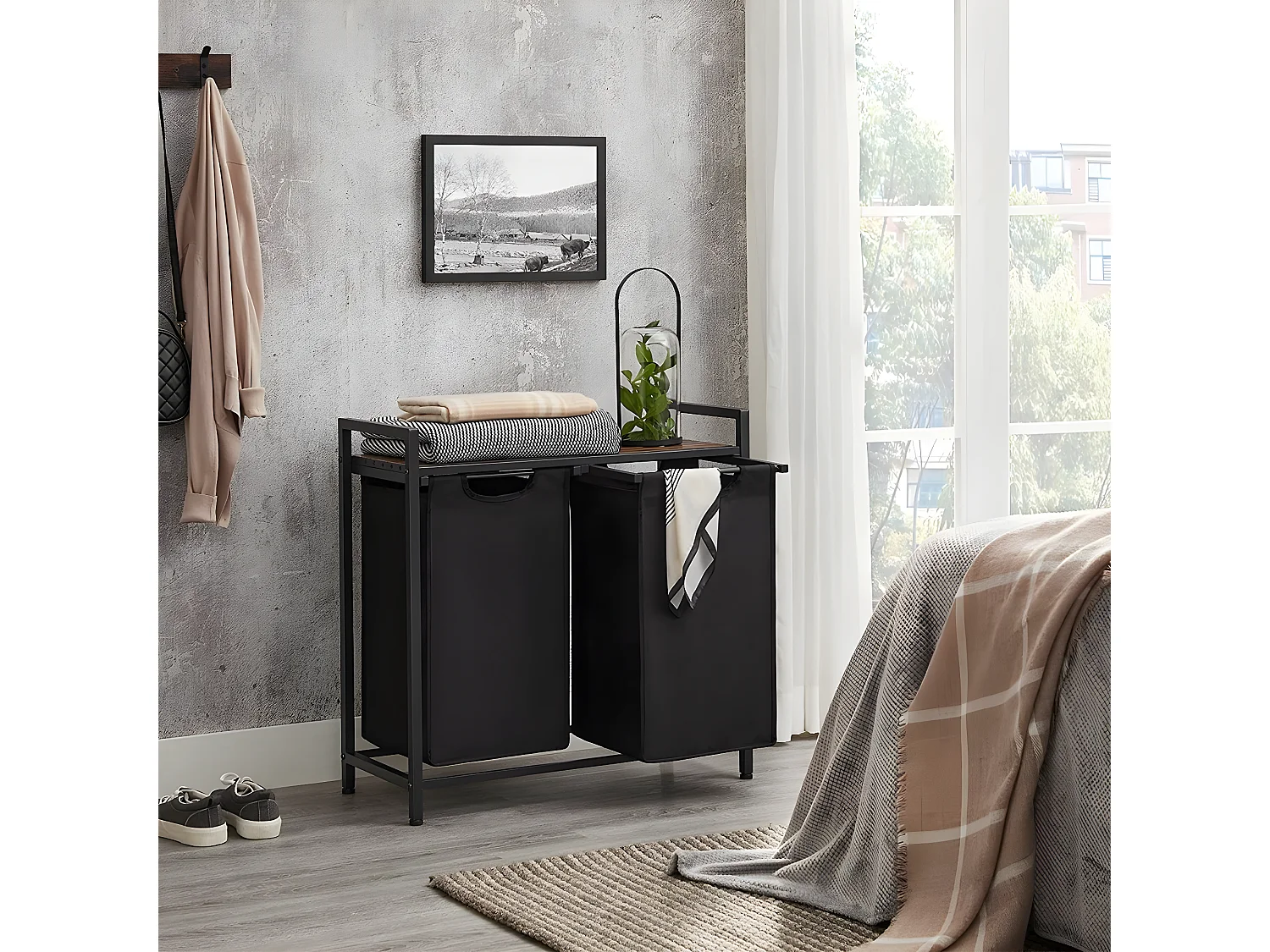 Panier à Linge avec 2 Sacs en Tissu Oxford Noir et Cadre Métal - L73 x H72 cm