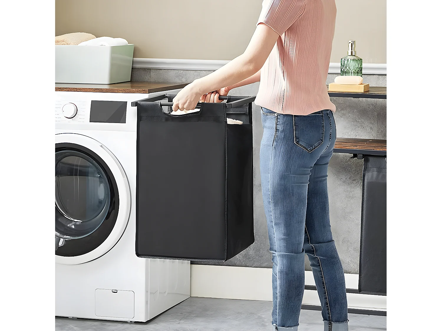 Panier à Linge avec 2 Sacs en Tissu Oxford Noir et Cadre Métal - L73 x H72 cm