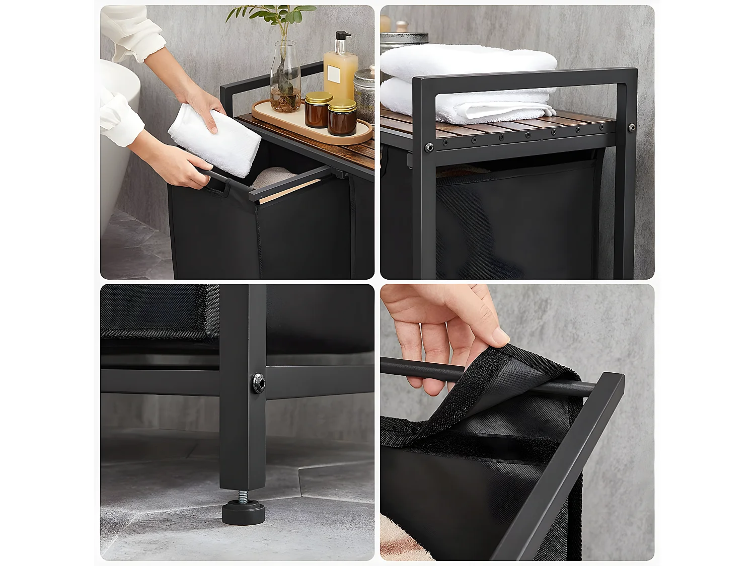 Panier à Linge avec 2 Sacs en Tissu Oxford Noir et Cadre Métal - L73 x H72 cm