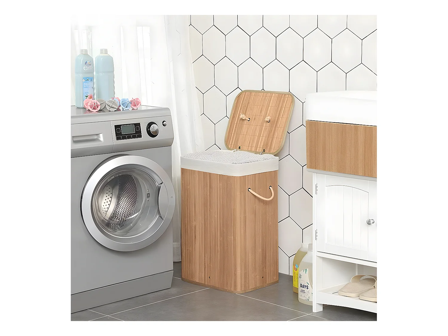 Panier à linge pliable en bambou avec 3 poignées, 72L - L40 x H60 cm