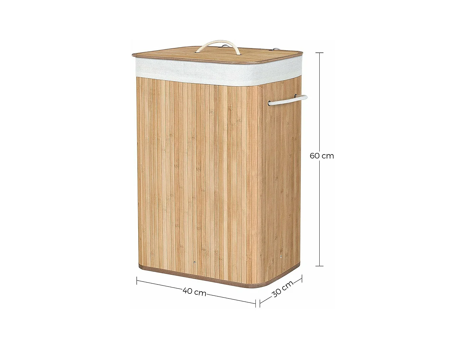 Panier à linge pliable en bambou avec 3 poignées, 72L - L40 x H60 cm