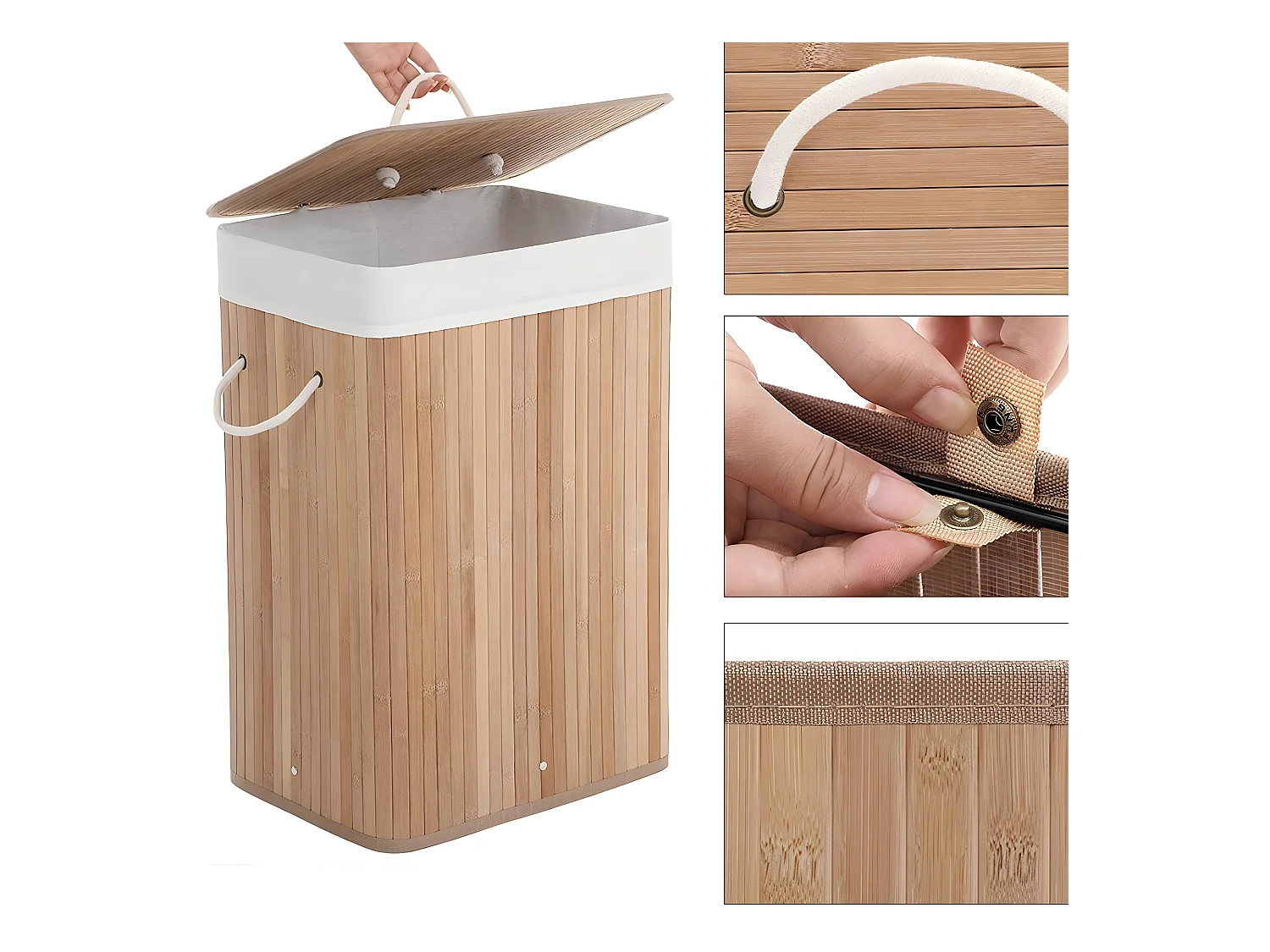 Panier à linge pliable en bambou avec 3 poignées, 72L - L40 x H60 cm