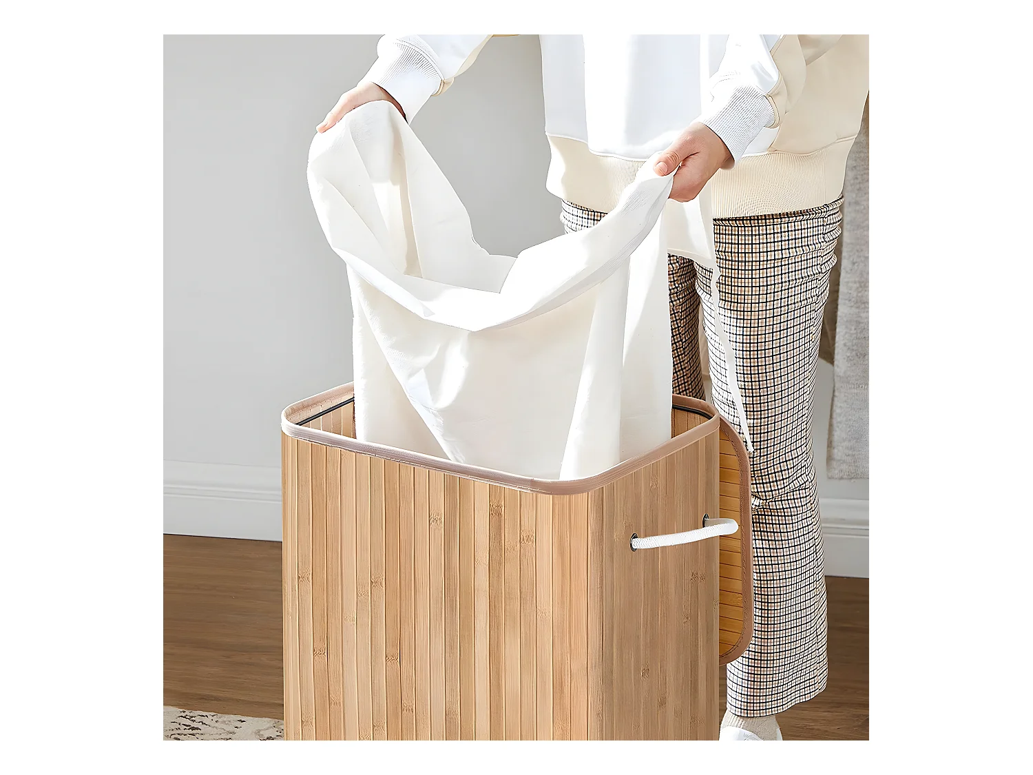 Panier à linge pliable en bambou avec 3 poignées, 72L - L40 x H60 cm