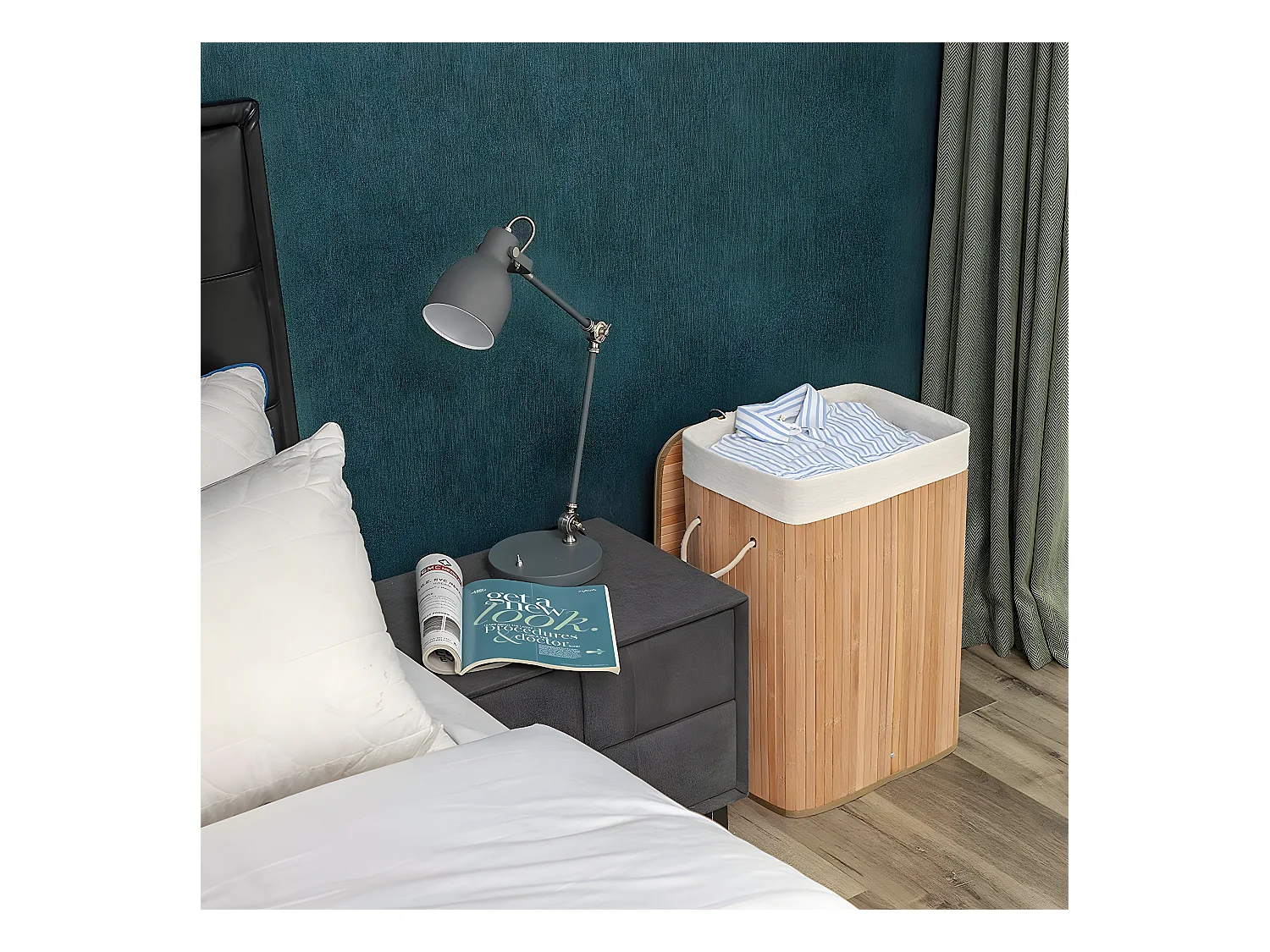 Panier à linge pliable en bambou avec 3 poignées, 72L - L40 x H60 cm