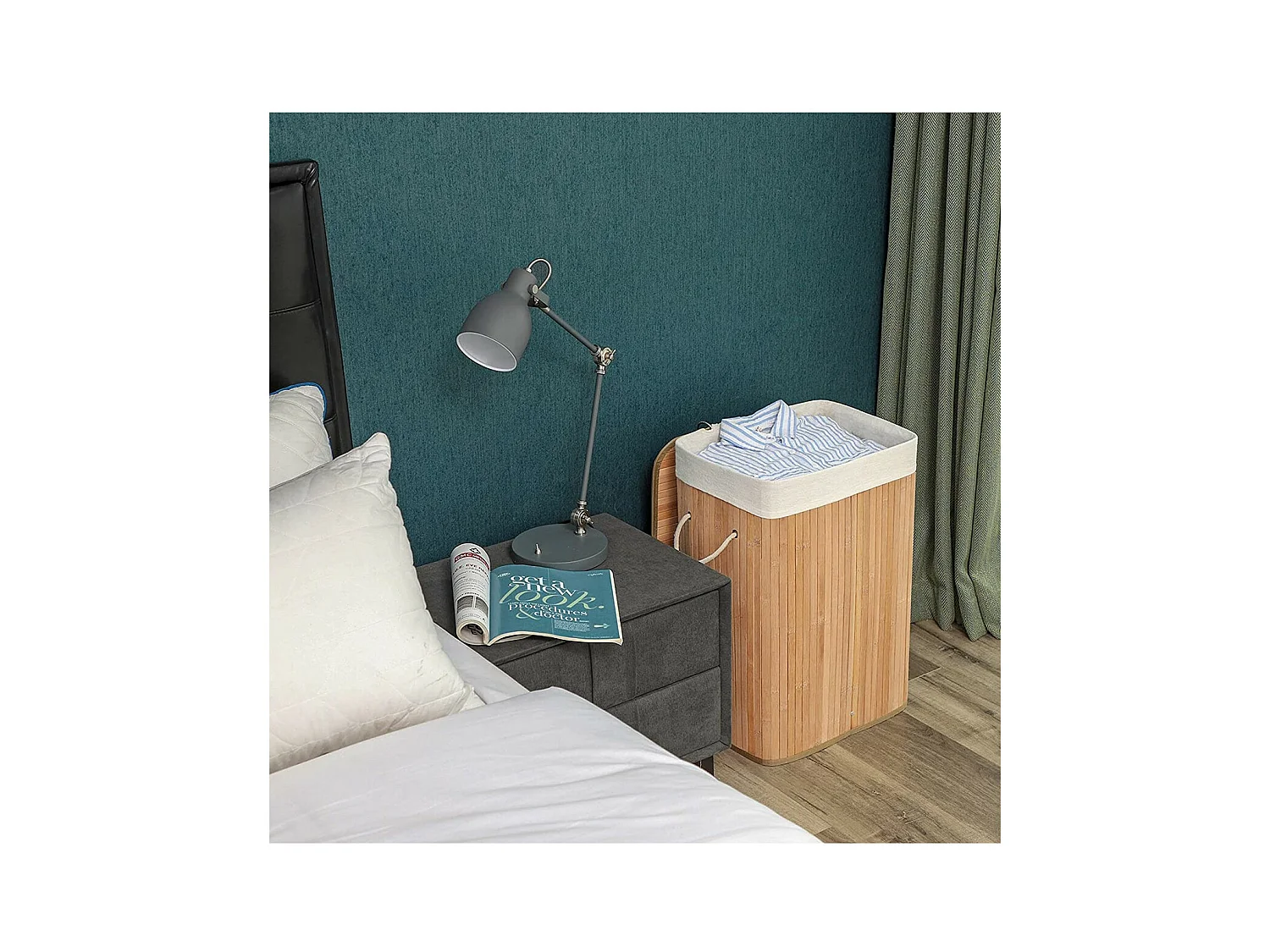 Panier à linge pliable en bambou avec 3 poignées, 72L - L40 x H60 cm