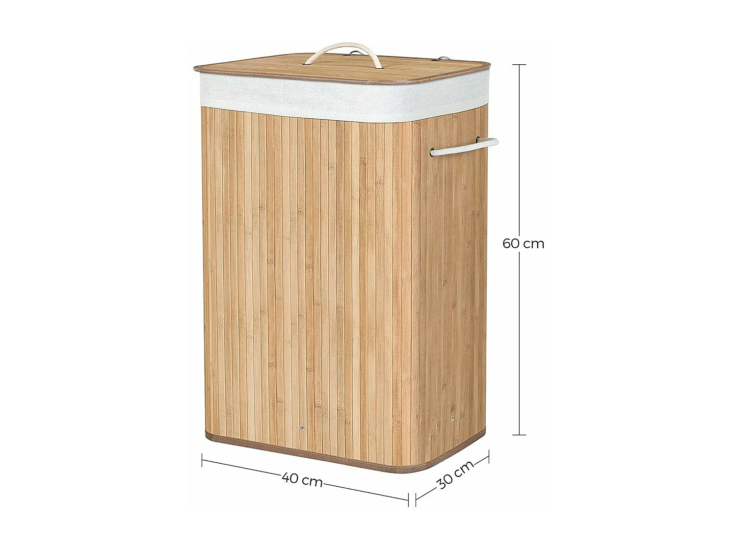 Panier à linge pliable en bambou avec 3 poignées, 72L - L40 x H60 cm