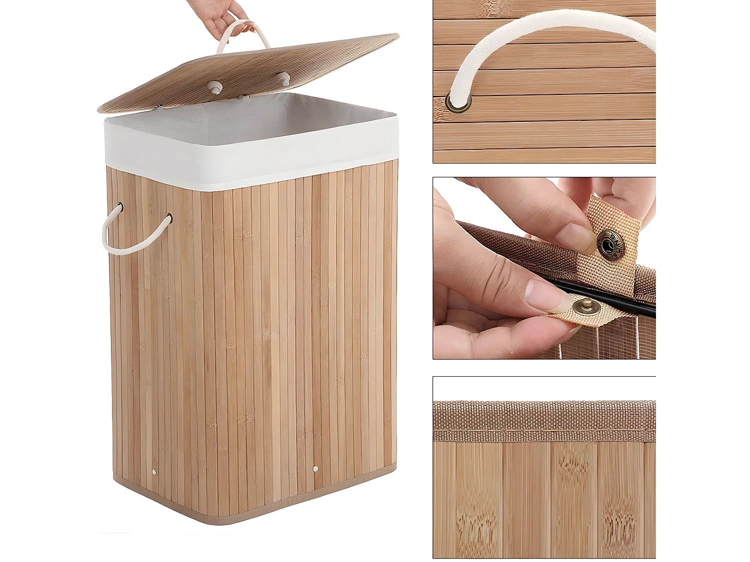 Panier à linge pliable en bambou avec 3 poignées, 72L - L40 x H60 cm