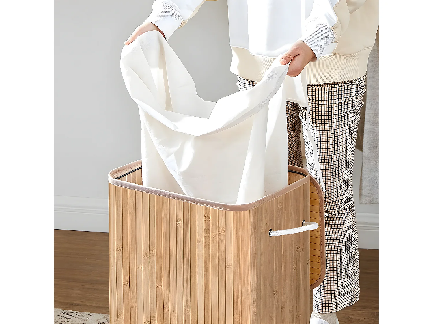 Panier à linge pliable en bambou avec 3 poignées, 72L - L40 x H60 cm