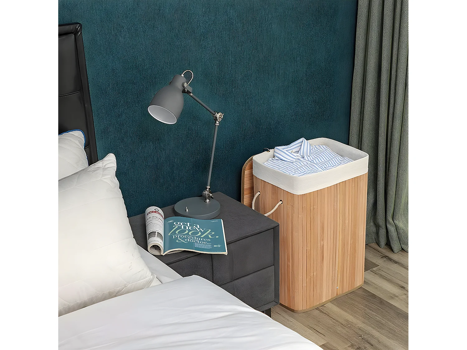 Panier à linge pliable en bambou avec 3 poignées, 72L - L40 x H60 cm