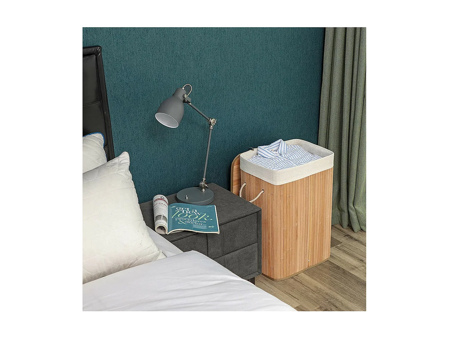 Panier à linge pliable en bambou avec 3 poignées, 72L - L40 x H60 cm