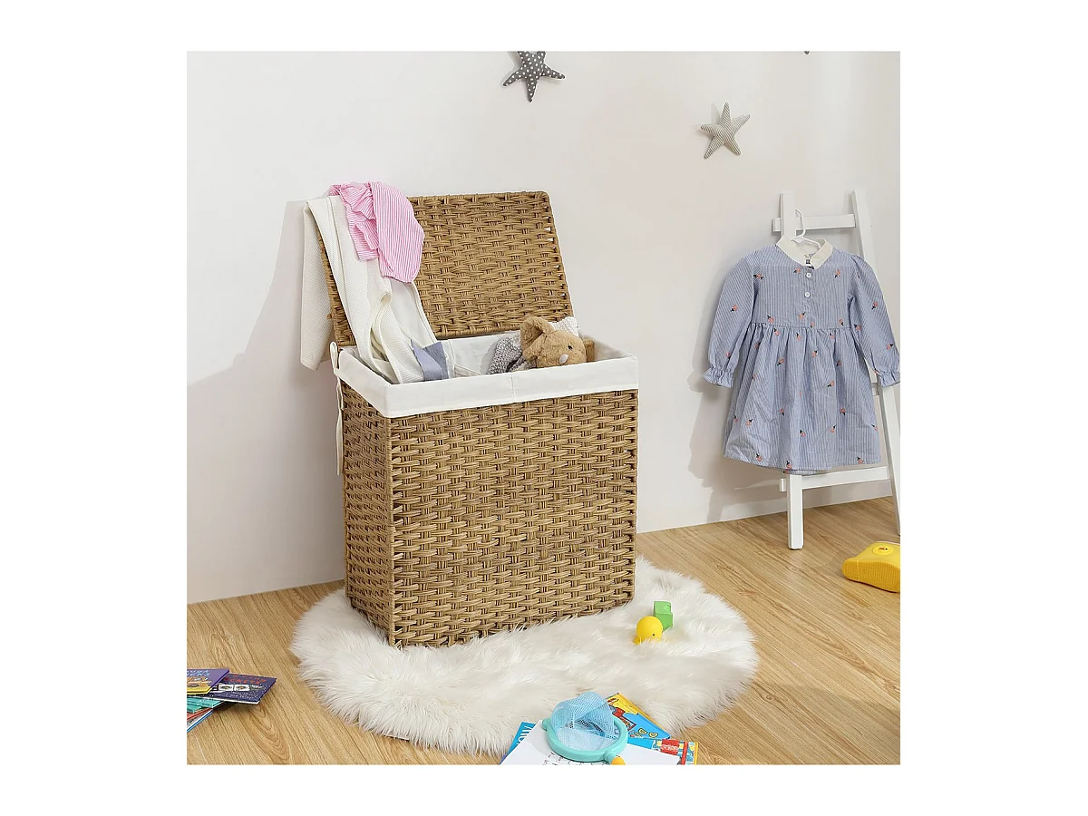 Portabiancheria pieghevole intrecciato a mano con coperchio e maniglie