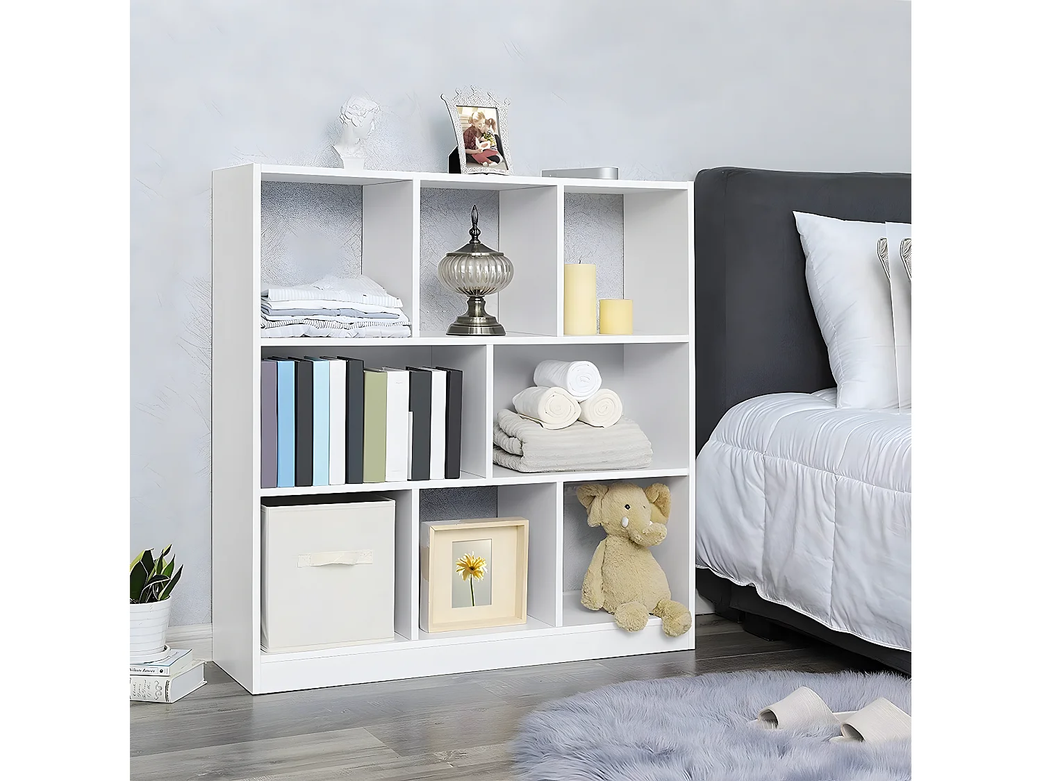 Biblioteca blanca con 8 compartimentos de almacenamiento abiertos - L97,5 x H100 cm