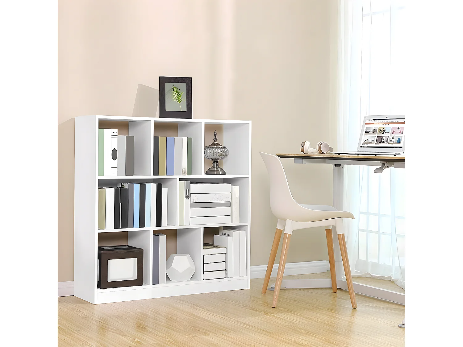 Biblioteca blanca con 8 compartimentos de almacenamiento abiertos - L97,5 x H100 cm