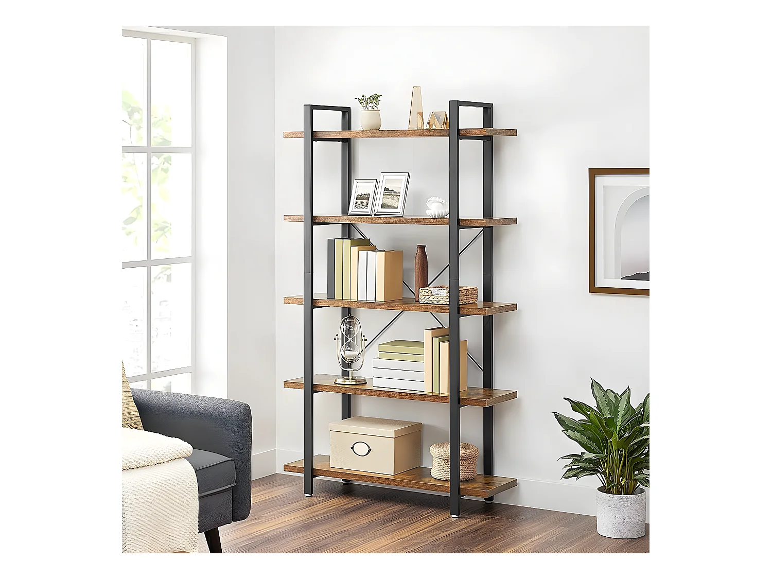 Biblioteca de 5 niveles en metal y efecto madera - L105 x 177,5 cm