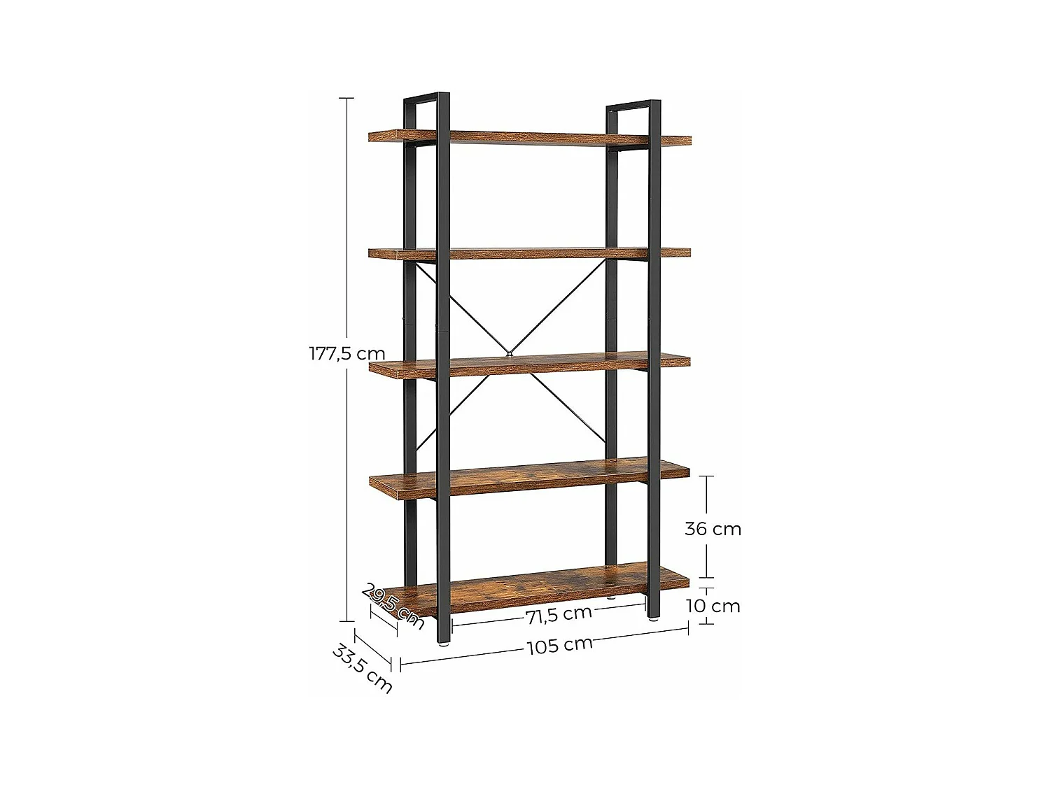 Biblioteca de 5 niveles en metal y efecto madera - L105 x 177,5 cm