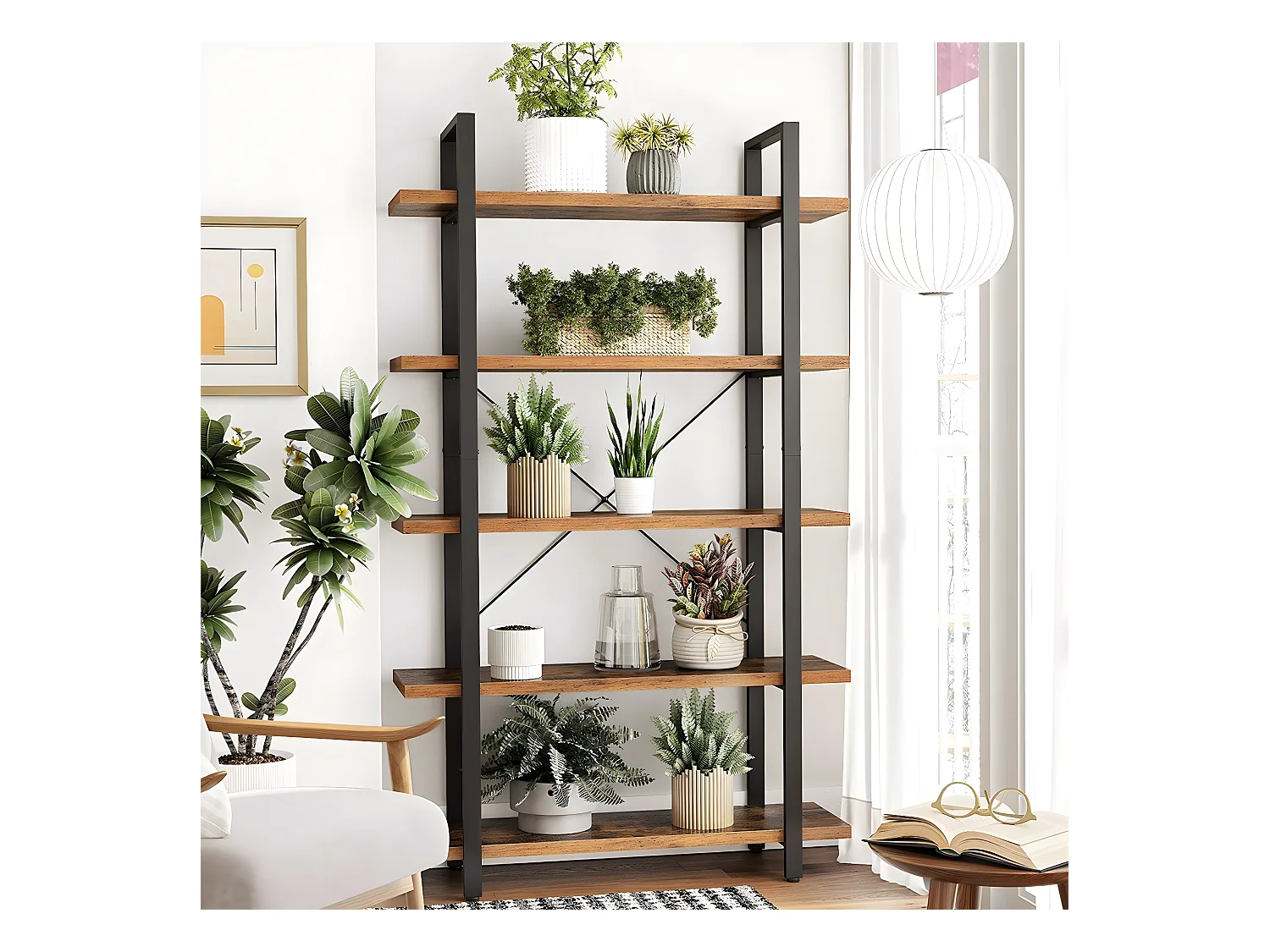 Biblioteca de 5 niveles en metal y efecto madera - L105 x 177,5 cm