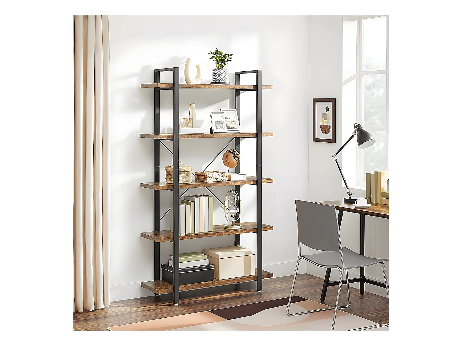 Biblioteca de 5 niveles en metal y efecto madera - L105 x 177,5 cm