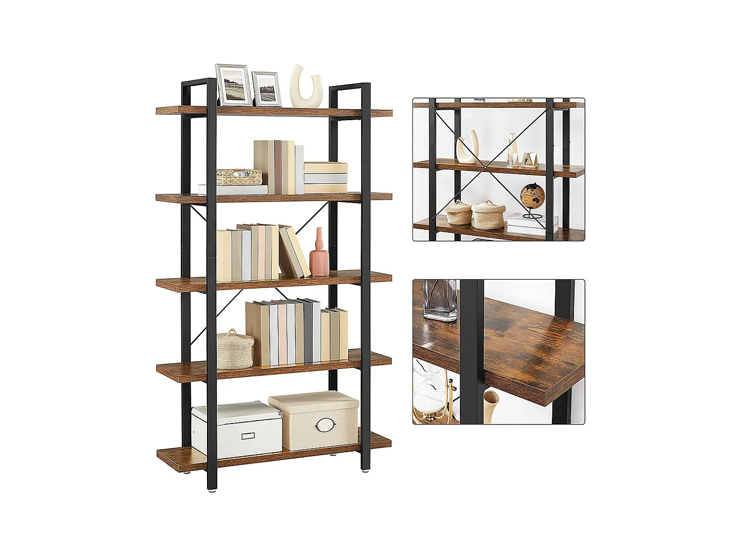 Biblioteca de 5 niveles en metal y efecto madera - L105 x 177,5 cm