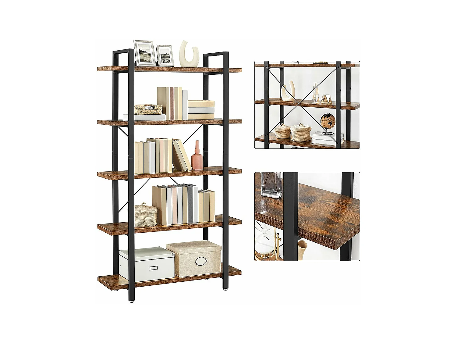 Biblioteca de 5 niveles en metal y efecto madera - L105 x 177,5 cm