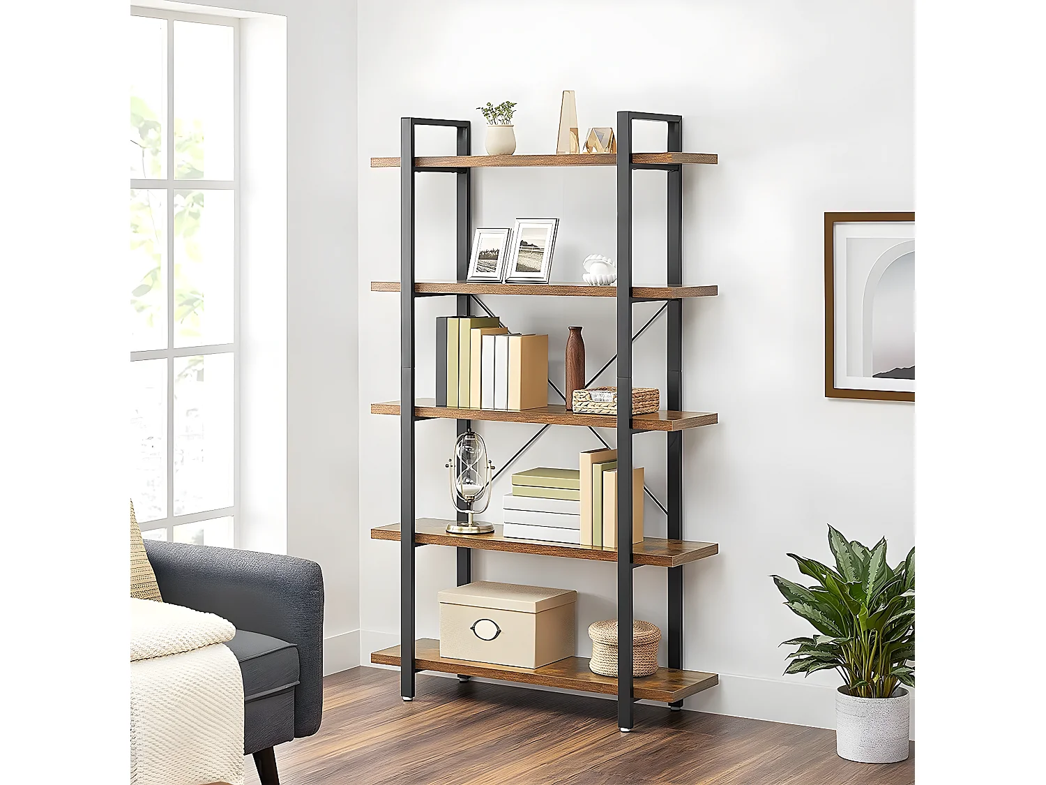 Bibliothèque à 5 niveaux en métal et effet bois - L105 x 177,5 cm