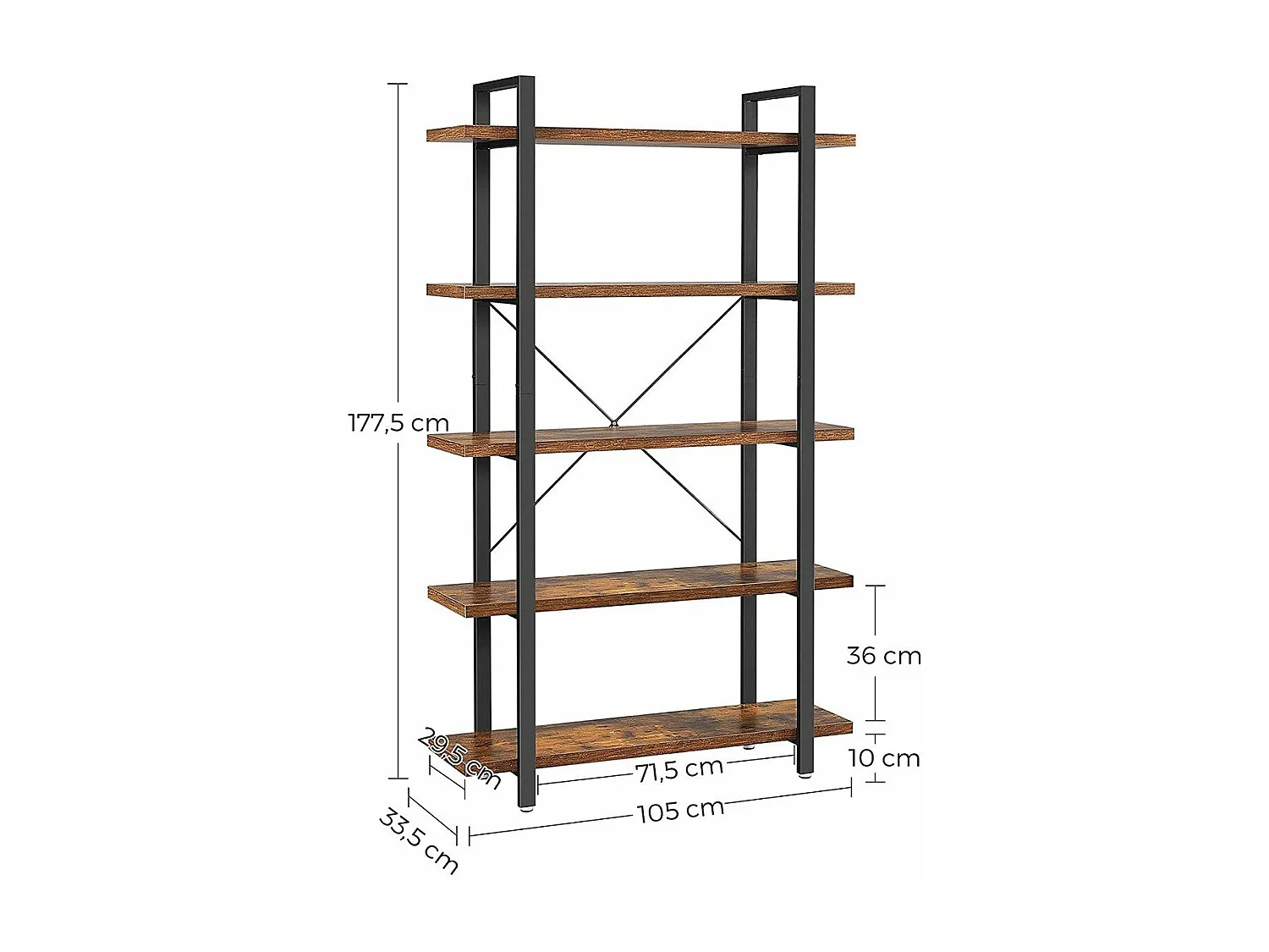Bibliothèque à 5 niveaux en métal et effet bois - L105 x 177,5 cm