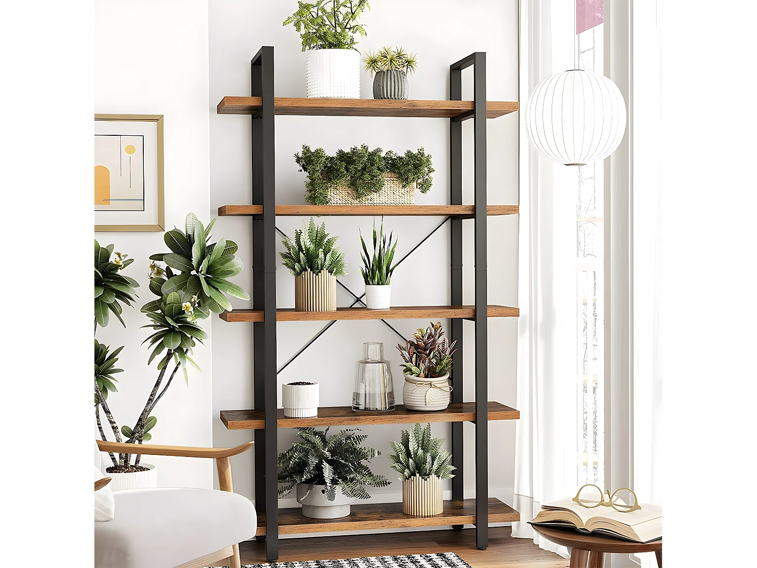 Bibliothèque à 5 niveaux en métal et effet bois - L105 x 177,5 cm