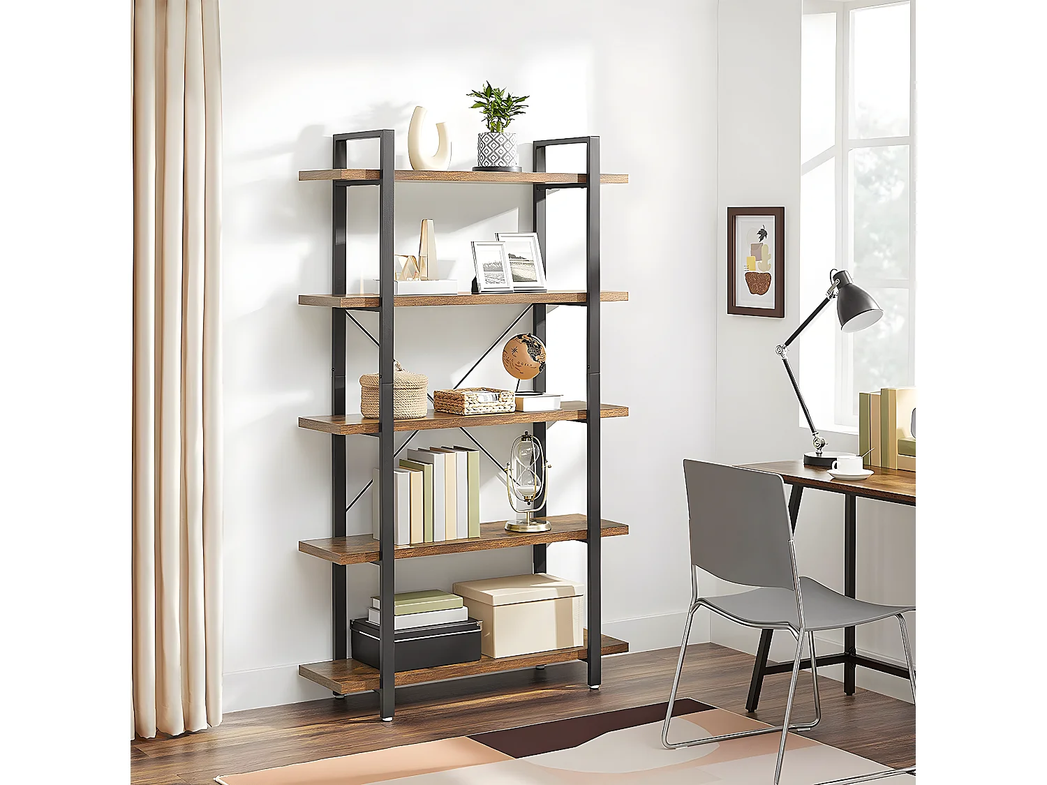 Bibliothèque à 5 niveaux en métal et effet bois - L105 x 177,5 cm