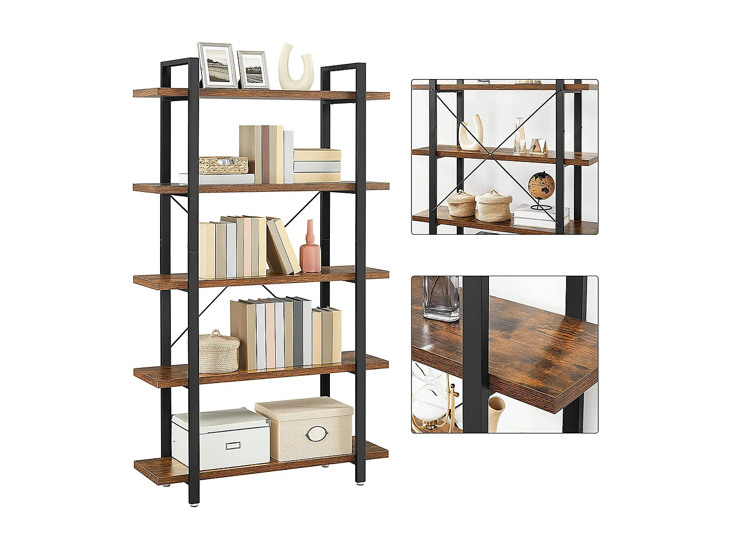 Bibliothèque à 5 niveaux en métal et effet bois - L105 x 177,5 cm