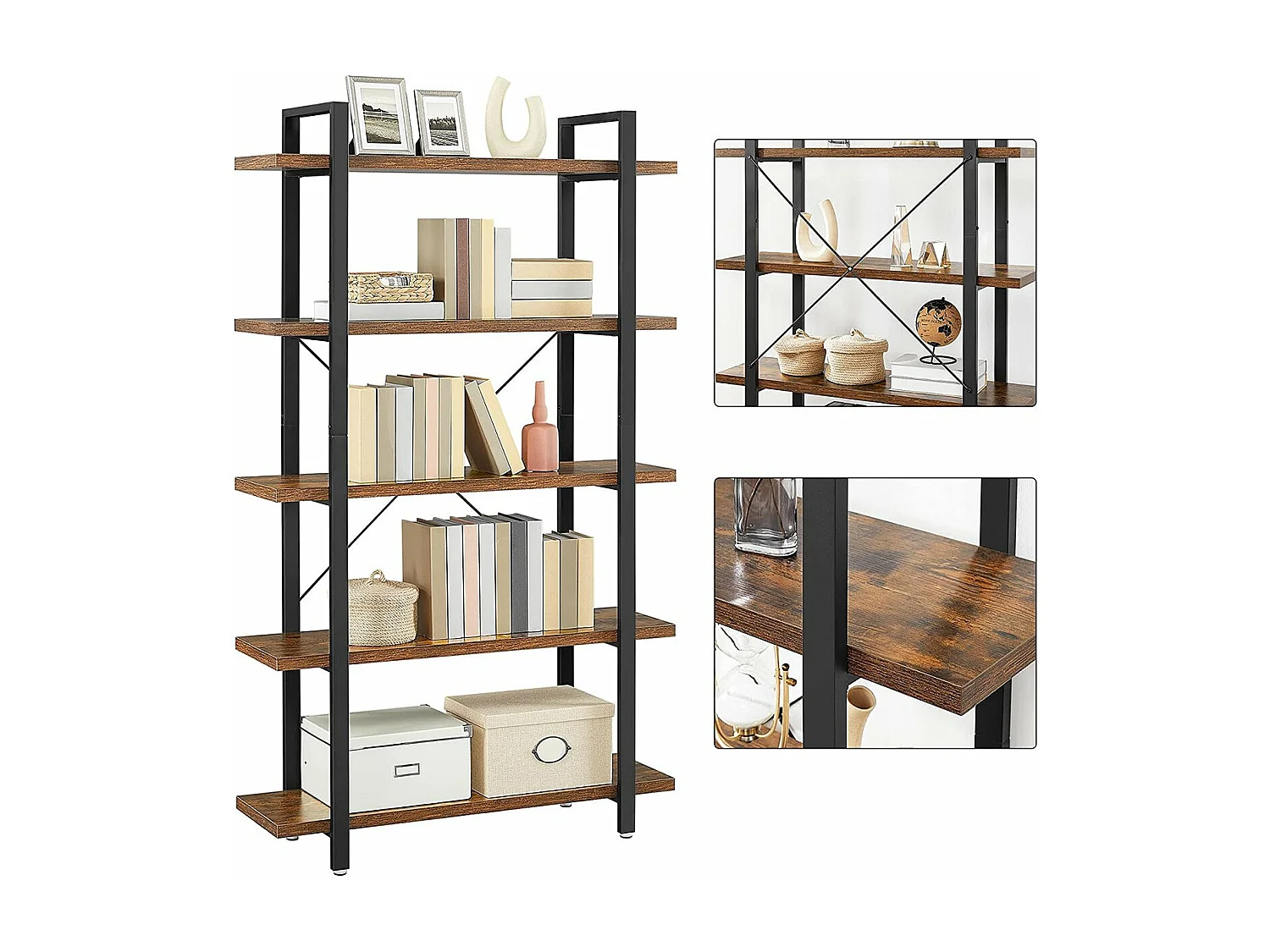 Bibliothèque à 5 niveaux en métal et effet bois - L105 x 177,5 cm