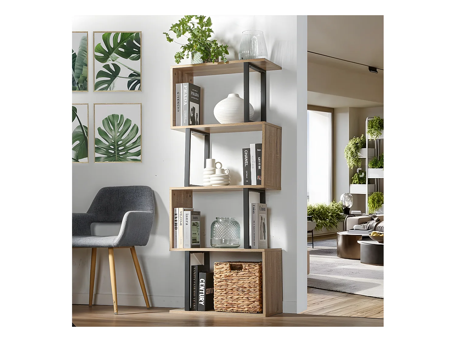 Bibliothèque 4 Niveaux Décor Bois et Montants Métal - H148 cm