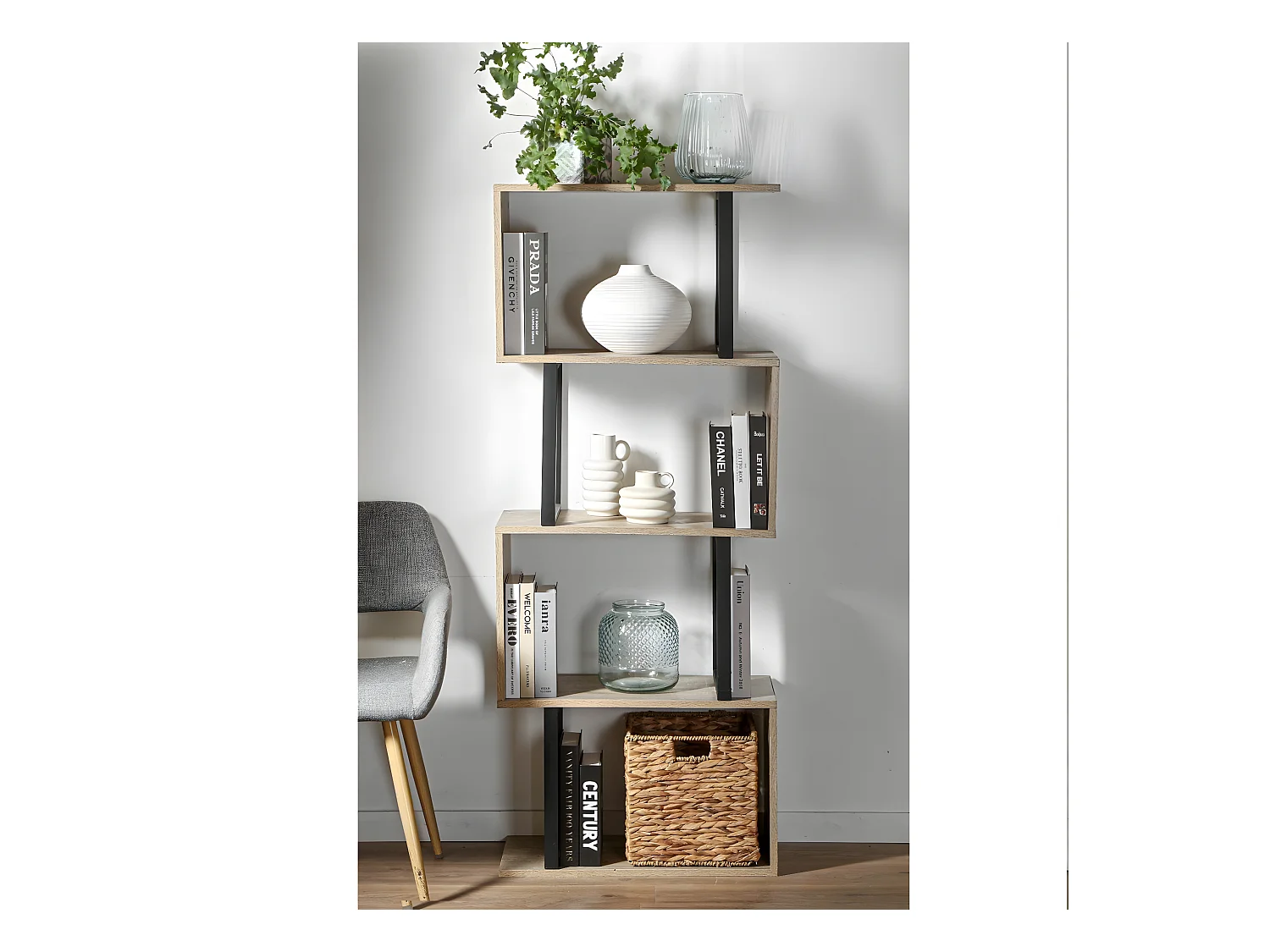 Bibliothèque 4 Niveaux Décor Bois et Montants Métal - H148 cm