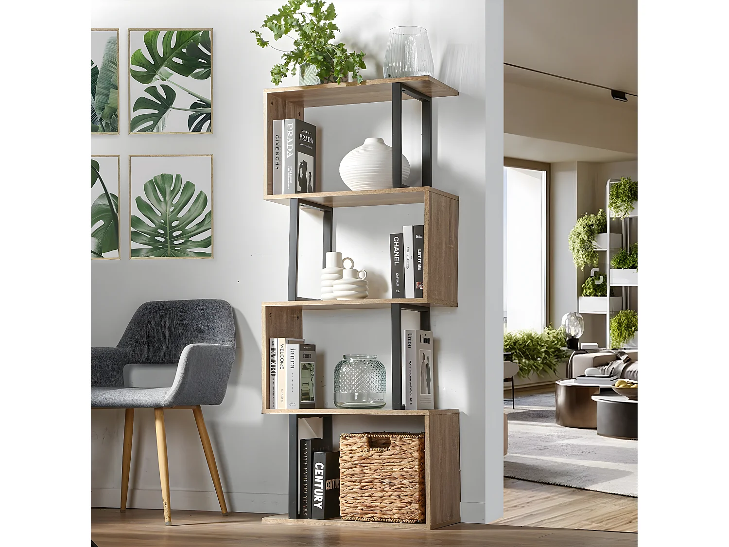 Bibliothèque 4 Niveaux Décor Bois et Montants Métal - H148 cm