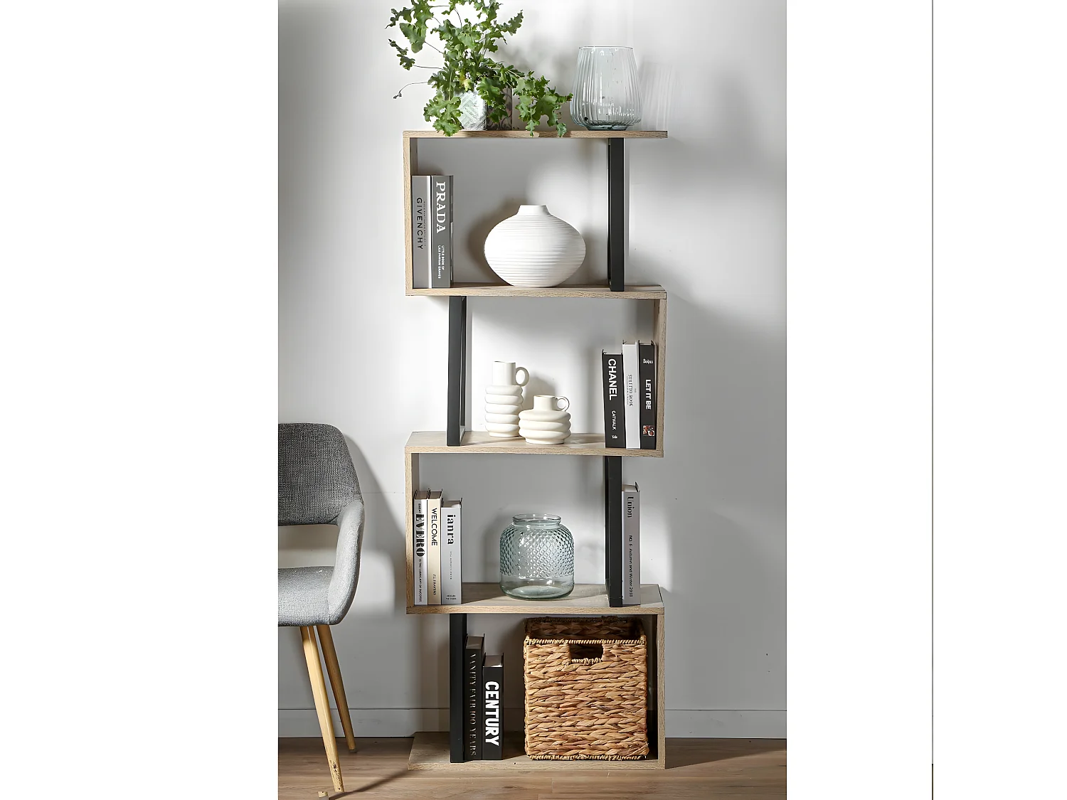 Bibliothèque 4 Niveaux Décor Bois et Montants Métal - H148 cm