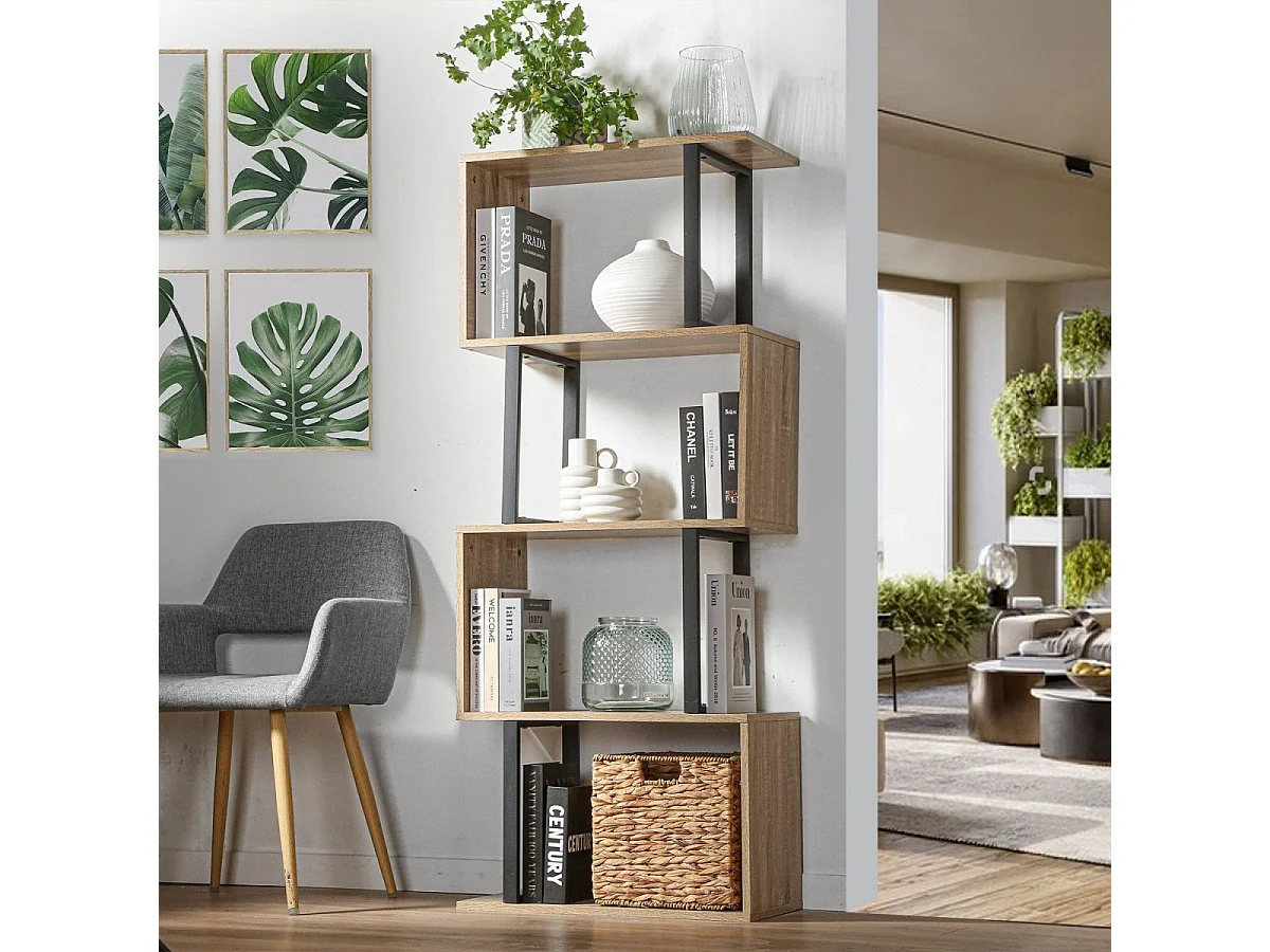 Boekenkast met 4 Niveaus en Houten Decor en Metalen Staanders - H148cm